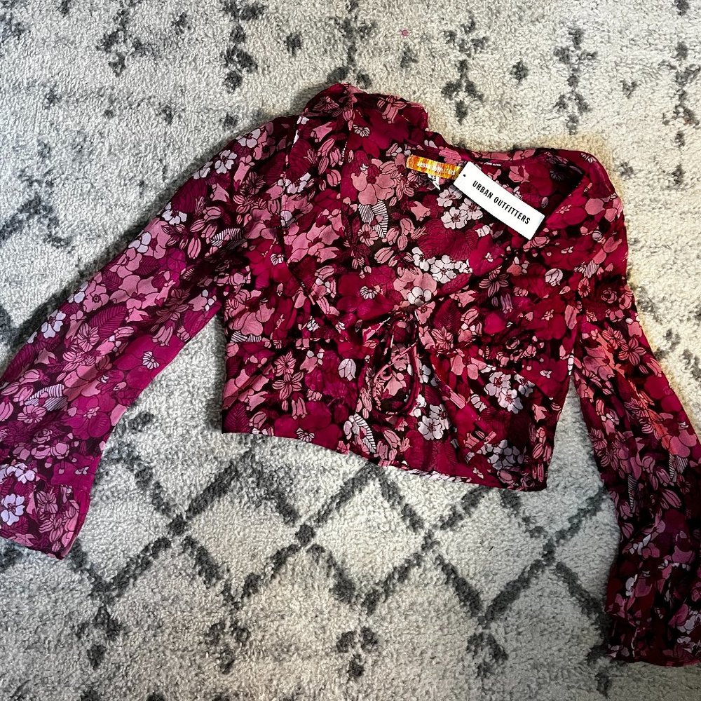 sheer floral ruffle tie top